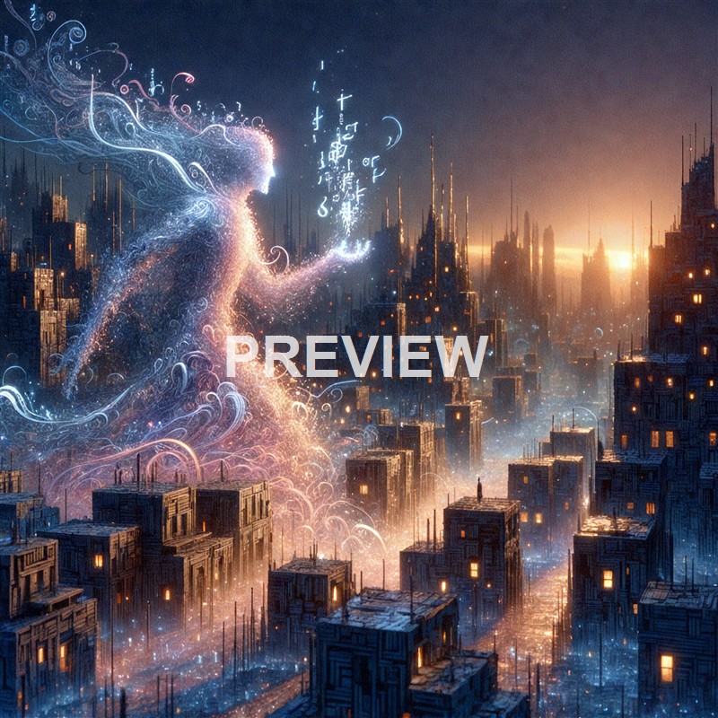 A glowing, ethereal female figure composed of light and energy is depicted in a futuristic cityscape at sunset, with her hand extended and symbols floating above it.